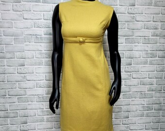 Vintage 60s Womens XS Mustard Yellow Wool Blend Mod ALine Shift Mini Dress