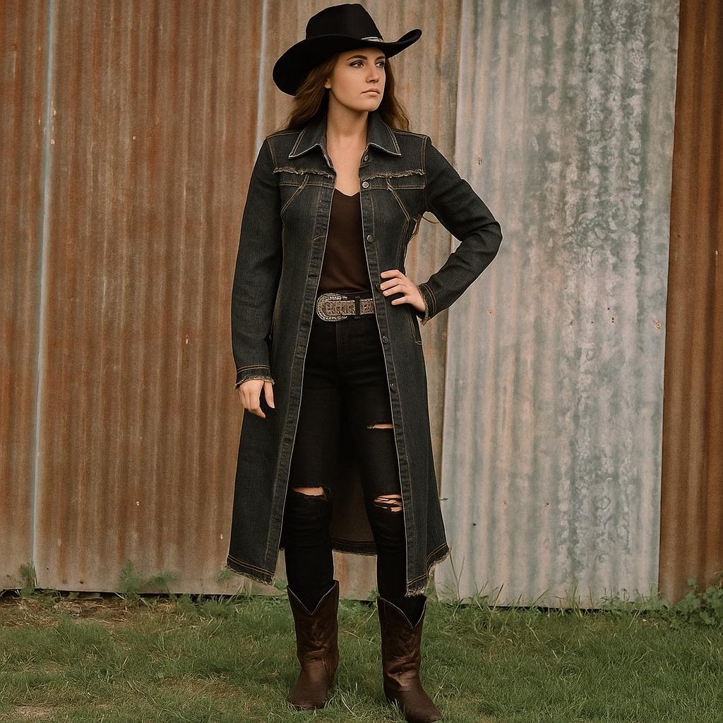 【Vintage】DENIM COAT / JACKET Vintage 725 Originals Denim Trench Coat Long Jean Jacket Raw Hem