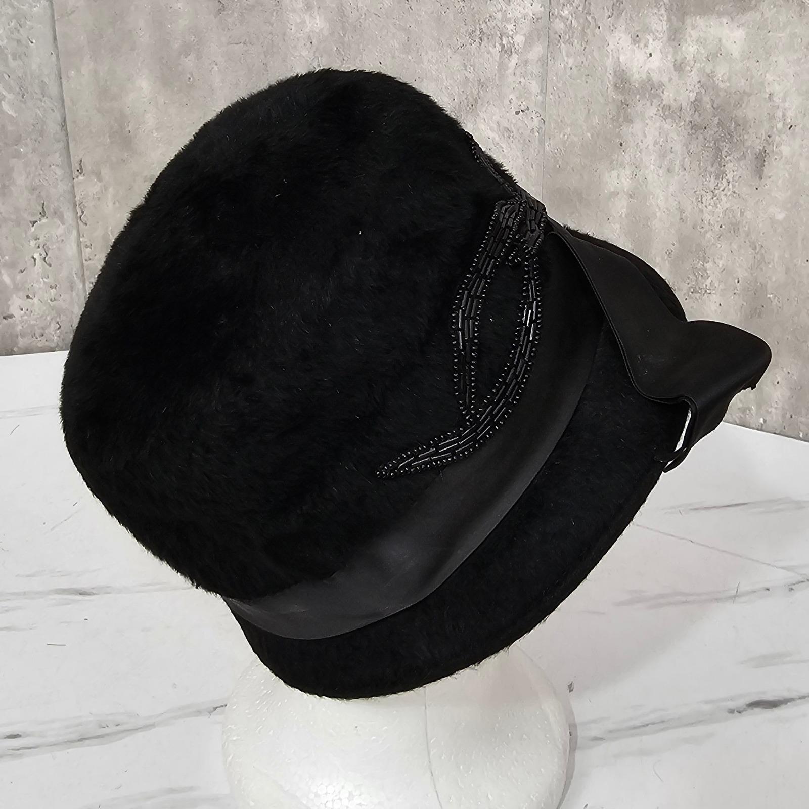 Vintage Mr Walter New York‎ Black Fur Felt Beaded Hat Satin Bow Fantes Italy 50s Vintage Mr Walter New York Black Fur Felt Beaded Hat Satin  main image 4