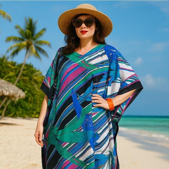 honolulu blue dress VTG Hawaii Caftan One Size Kaftan Muumuu Tropical Palm Print length dress features Monstera burgundy and navy wedding Alice + Olivia Kalena Size:5'0