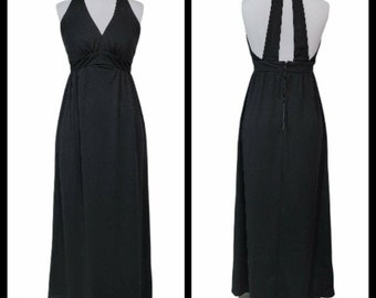 Vintage 70s Black Halter Maxi Dress Cutout Strappy Back Empire Waist