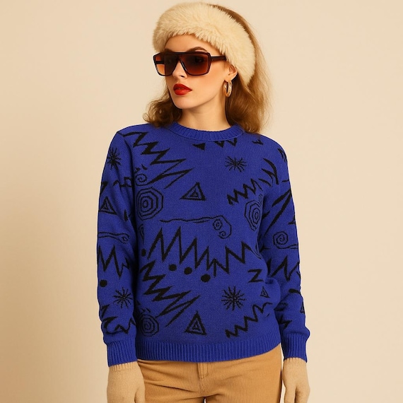 Vintage 80s Andrew St John Sweater Blue Black Abstract Geometric
