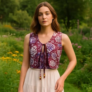 Vintage 70er 80er Jahre Boho Floral Cropped Weste Top Tie Front Cottagecore Festival