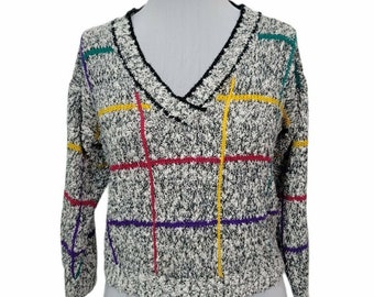Vintage 80s Roi Three Chunky Knit Colorful Grid VNeck Pullover Sweater