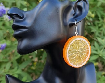 Handmade Upcycled Acrylic 2" Orange Slice Earrings Citrus Fruit Cottagecore Boho