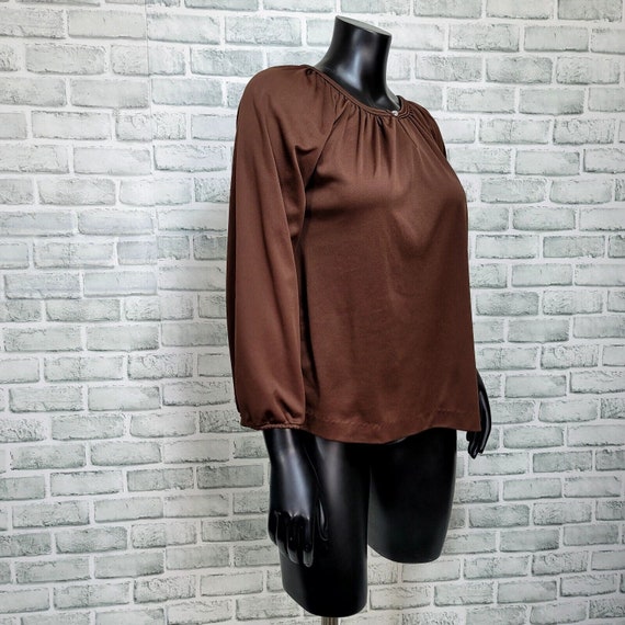 Vintage 70s Brown Polyester Blouse Womens M Bell … - image 3