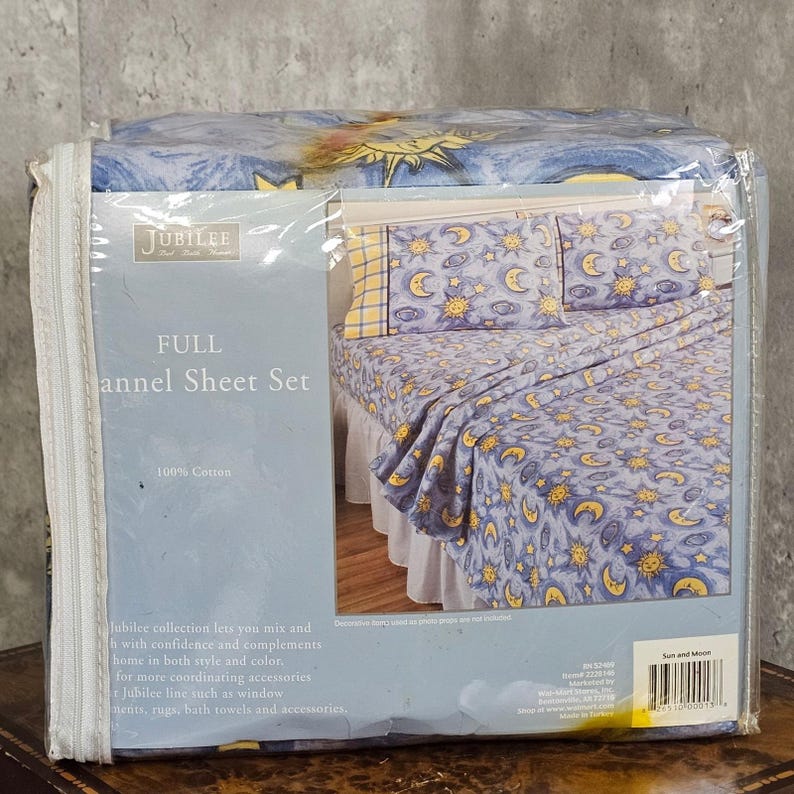Vintage Jubilee Celestial Sun Moon Flannel Sheet Set Full Cotton Y2K NOS Whimsy imagem 3