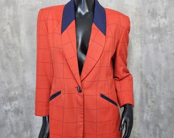 Blazer à un bouton vintage des années 80 et 90 HBS Ltd, rouge bleu marine à carreaux à carreaux, carrière Cas