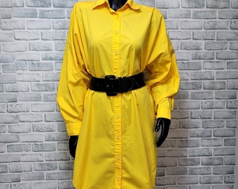 Vintage 80s Norma Kamali Womens M Yellow Tunic Button Up Shirt Tail Dress