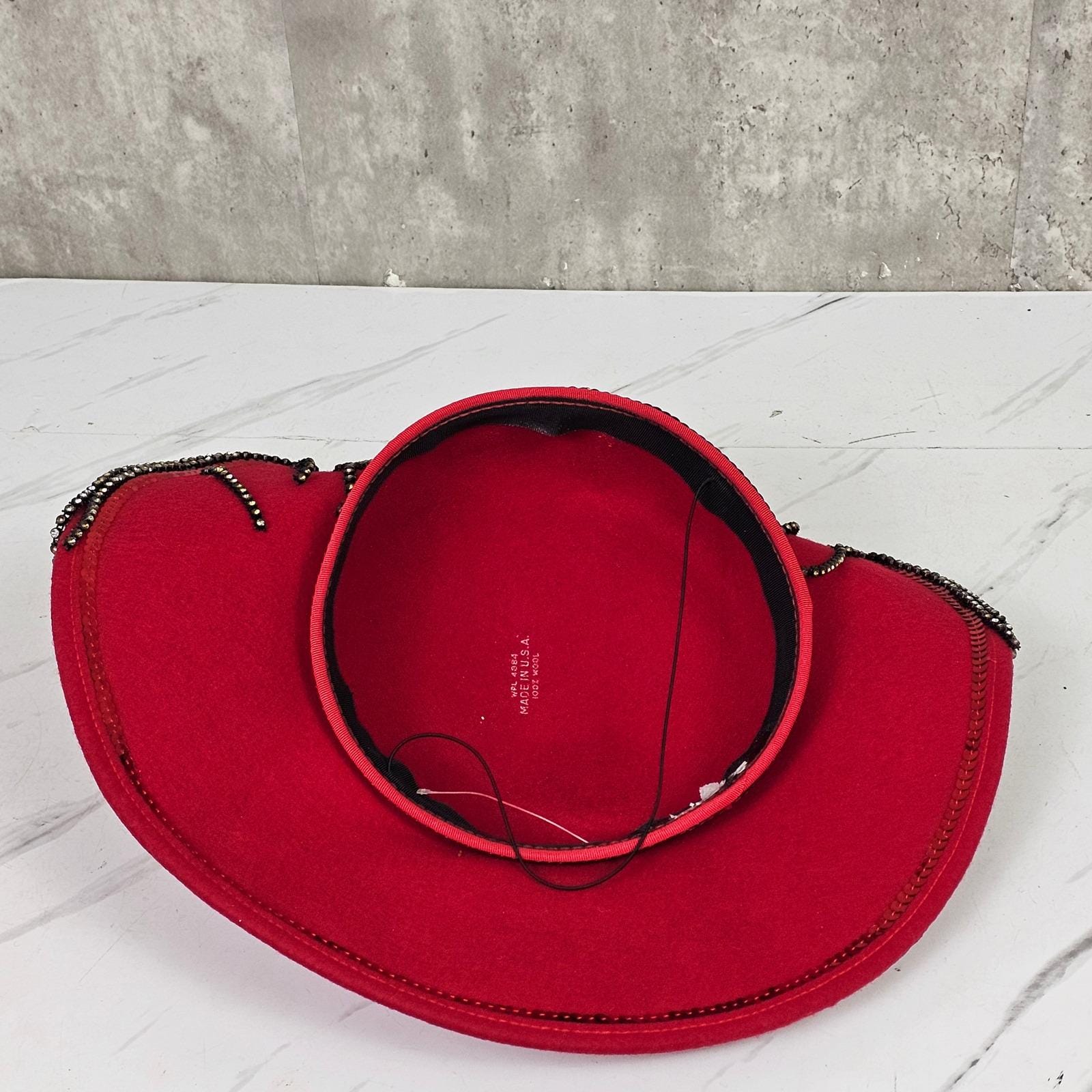 Buy Red Statement Felt Hat Rhinestone Embellished Unique  display picture 3