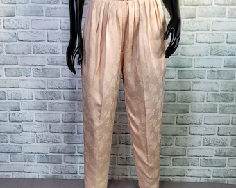 Vintage Satin Floral Jacquard Pleated Waist Tapered Leg Cropped Trousers Pants