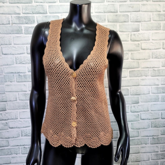 Vintage 90s Does 70s Island Spice Size M Brown Crochet Knit Vest Hippie  Festival