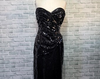 Vintage 80s Tadashi 6 Black Sequin Strapless Ruched Waist Mini Cocktail Dress