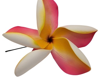 5" Pink Yellow Plumeria Hair Flower Clip Tropical Tiki Pin-Up Hawaiian Lei