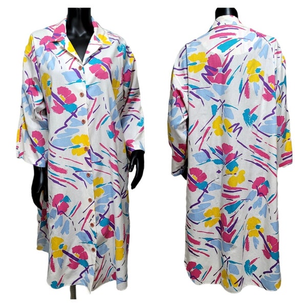 Vintage 80s HHR Colorful Abstract Print Button Front Long Line Shirt Side Slits