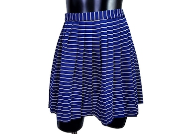 Vintage 60s 70s Blue White Dbl Knit Poly Striped Pleated Mini Skirt Mod Gogo