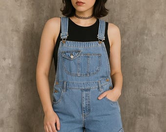 Vintage 90s Contemporary Casuals Denim Overall Shorts Bib Pocket Cuffed M