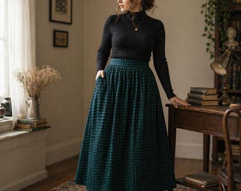 Falda midi vintage de algodón a cuadros verdes Skyr, fabricada en EE. UU., de talle alto y plisada, estilo Dark Academia.