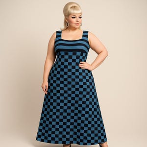Vestido longo vintage Uschi Modell dos anos 60 e 70, Op Art, azul, preto, xadrez, Space Age