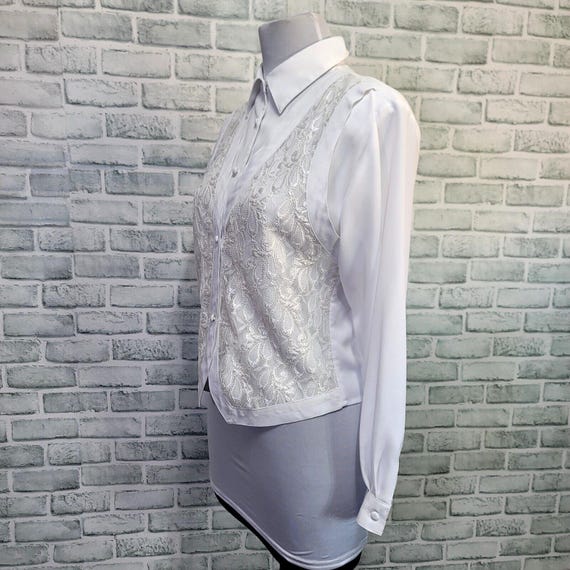 Vintage 80s Yves St. Clair Womens M White Lace Vest Button Up Blouse Career Cas View 4