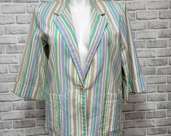 Vintage 80s Cape Cod Match Mates XL Striped Pastel Blazer Con puños 3/4 Mangas