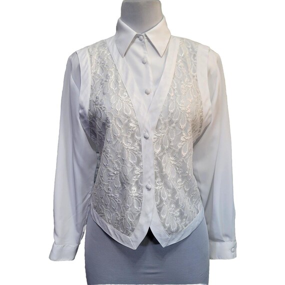 Vintage 80s Yves St. Clair Womens M White Lace Vest Button Up Blouse Career Cas