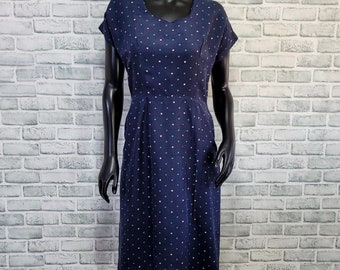 Vintage 40s 50s Womens M Blue Silk White Green Floral Sheath Day Dress