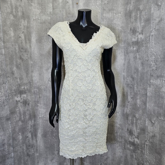 Vintage 80s 90s Molly Malloy Womens M Ivory Lace Wiggle Dress Cocktail Party