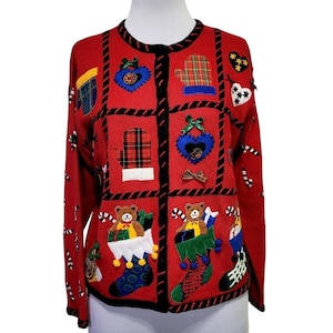 Designers Originals Studio Red Ugly Christmas Sweater Cardigan Teddy Bear Large