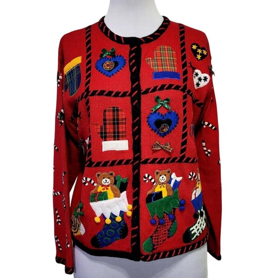 Designers Originals Studio Red Ugly Christmas Sweater Cardigan Teddy Bear Large