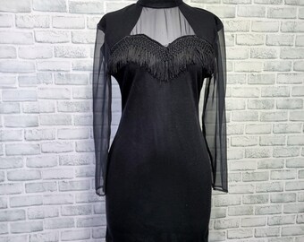 Vintage 80s Hearts M/L Black Southwestern Fringe Mockneck Mini Wiggle Dress LBD