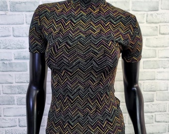 Vintage 90s Novel-Tees Size M Black Stretchy Dotted Chevron Pattern Mockneck Top