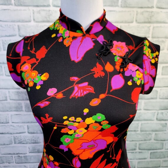 Vintage 70s Amy Deb M Neon Bright Floral Cheongsa… - image 3