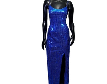 Vintage 80s 90s LA Glo Womens S Blue Metallic Sequin Hi Slit Evening Dress