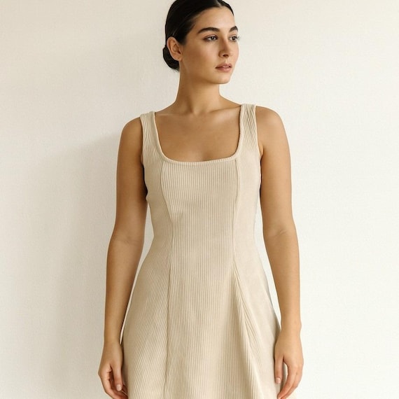cream corduroy dress women Bow Detailed Corduroy Vest Mini Dress Cream Medium