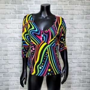 Blusa Vintage 90s Y2K Tribal Mujer L Brillante Colorida Psicodélica Media Manga