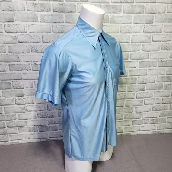 Vintage 70s Mens M Qiana Shiny Baby Blue Button F… - image 3