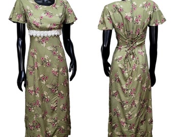 Vintage 90s Basic Editions 5/6 Green Floral Tie Back Waist Midi Dress Cottage