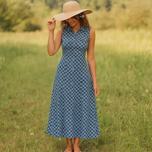 Vintage Y2K LIZ & CO Blue White Plaid Cotton Sleeveless Midi Shirt Dress M