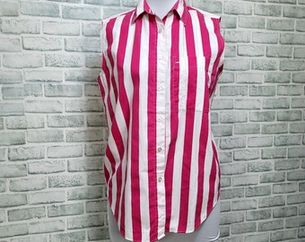 Vintage 90s Simply Basic L Pink White Vertical Striped Sleeveless Button Up Top