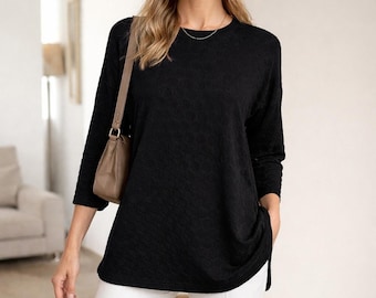 St John Collection Black Textured Knit Tunic Top M Wool Blend USA Made