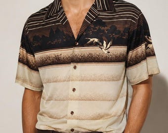 Vintage Chemise Et Cie XL Scenic Bird Stripe Disco Nylon Shirt Nature Art Lounge