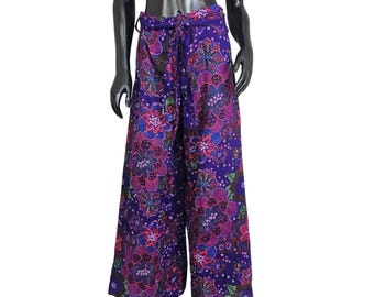 Vintage 70s Palazzo Pants Psychedelic Floral Wide Leg Purple Hi Waist Hippie