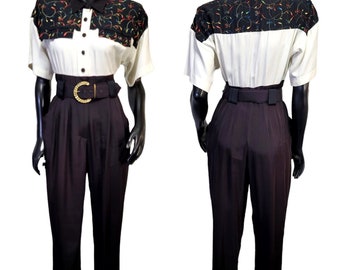 Vintage 80er 90er Menu Damen S Bunt bestickter Ösen-Jumpsuit mit Gürtel S/S