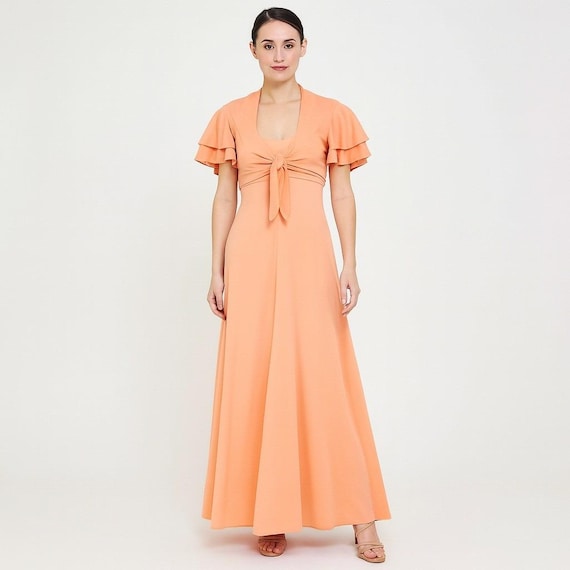 halter dress with bolero Vintage 70s Peach Maxi w/ Matching Ruffle Sleeve Crop Jacket junior bridesmaid dresses