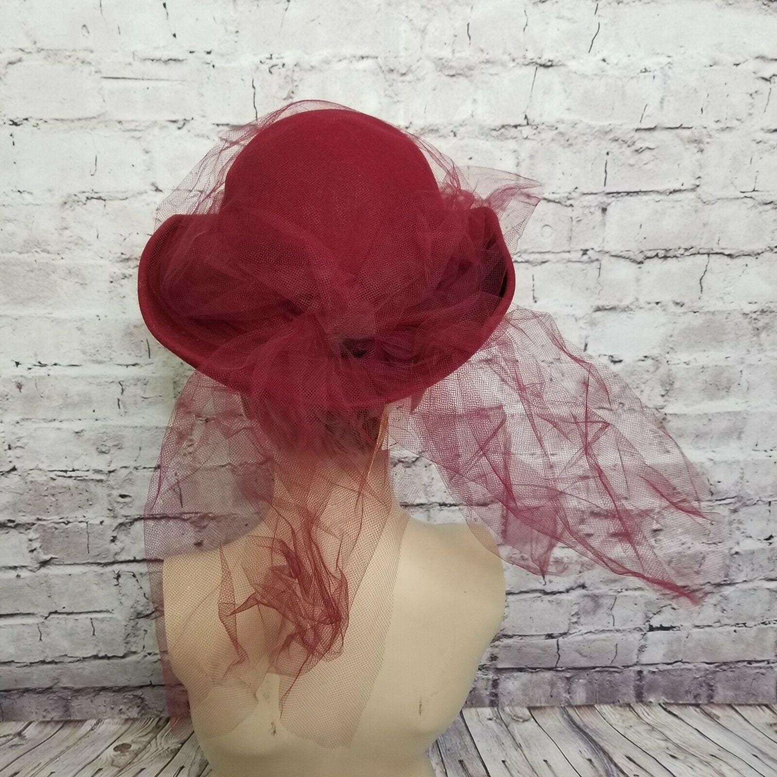 Vintage Michael Howard Maroon Red Wool Hat Veil Church Derby  display picture 1