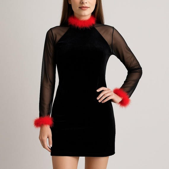 Vintage Jessica Howard Black Velvet Sheer Sleeve Dress Red Feather Trim  Cocktail - Etsy