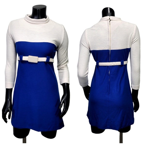 Vintage 60s Mod GoGo Navy White Colorblock Wool Blend Knit Mini Shift Dress