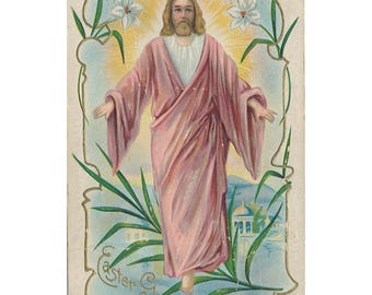 Antigua postal de Pascua de 1910 con relieve, Jesús, lirio, cruz, detalles dorados, temática religiosa sagrada.