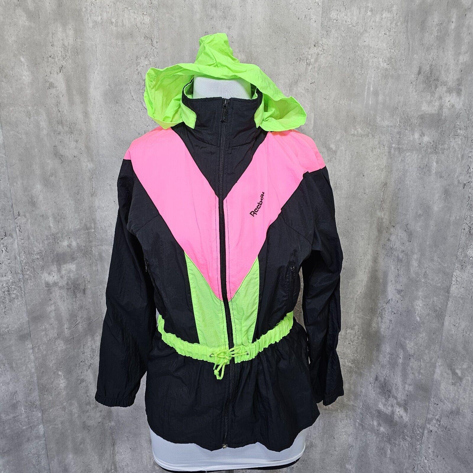 Vintage 90s Reebok Black Neon Pink Green Lightweight Windbreaker W